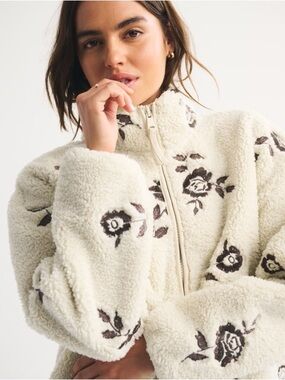 Abercrombie Sherpa full zip jacket in floral warm beige